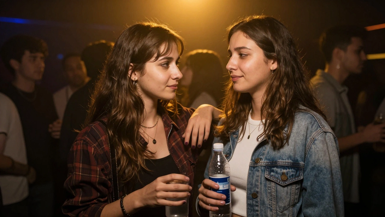 Two friends share a smile and water bottle on a dimly lit dance floor during a rave event.