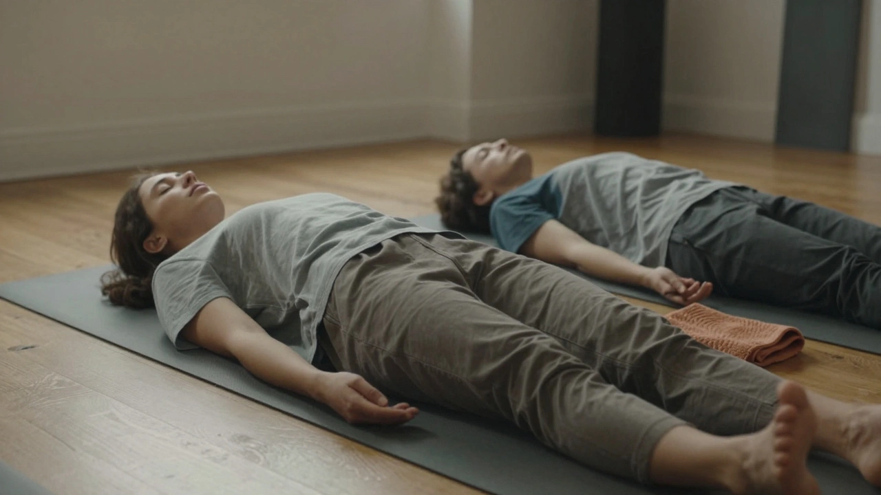 Two people lying side by side on mats, peacefully relaxed during a Thai massage in a serene London studio.