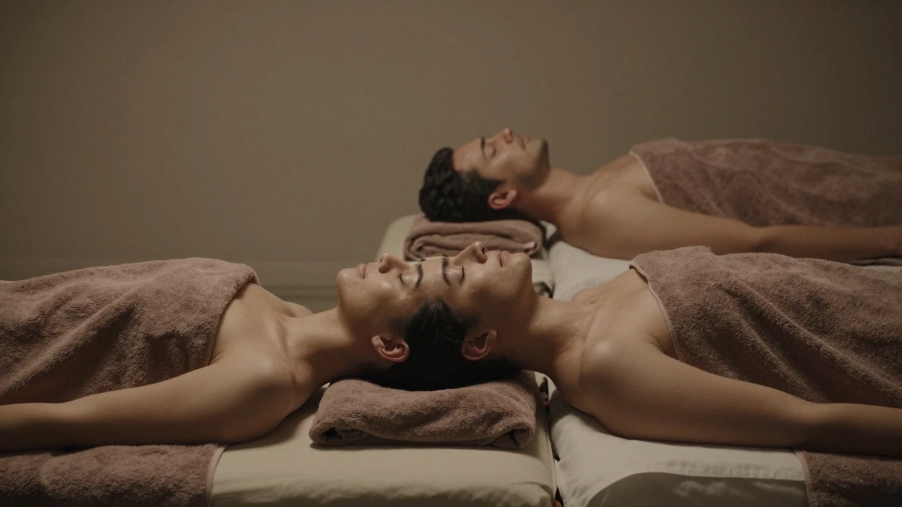 Two people relaxing side by side on massage tables, both calm and at ease.