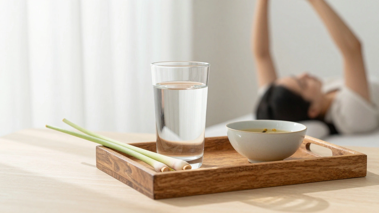 Wellness items like water and tea on a wooden tray.